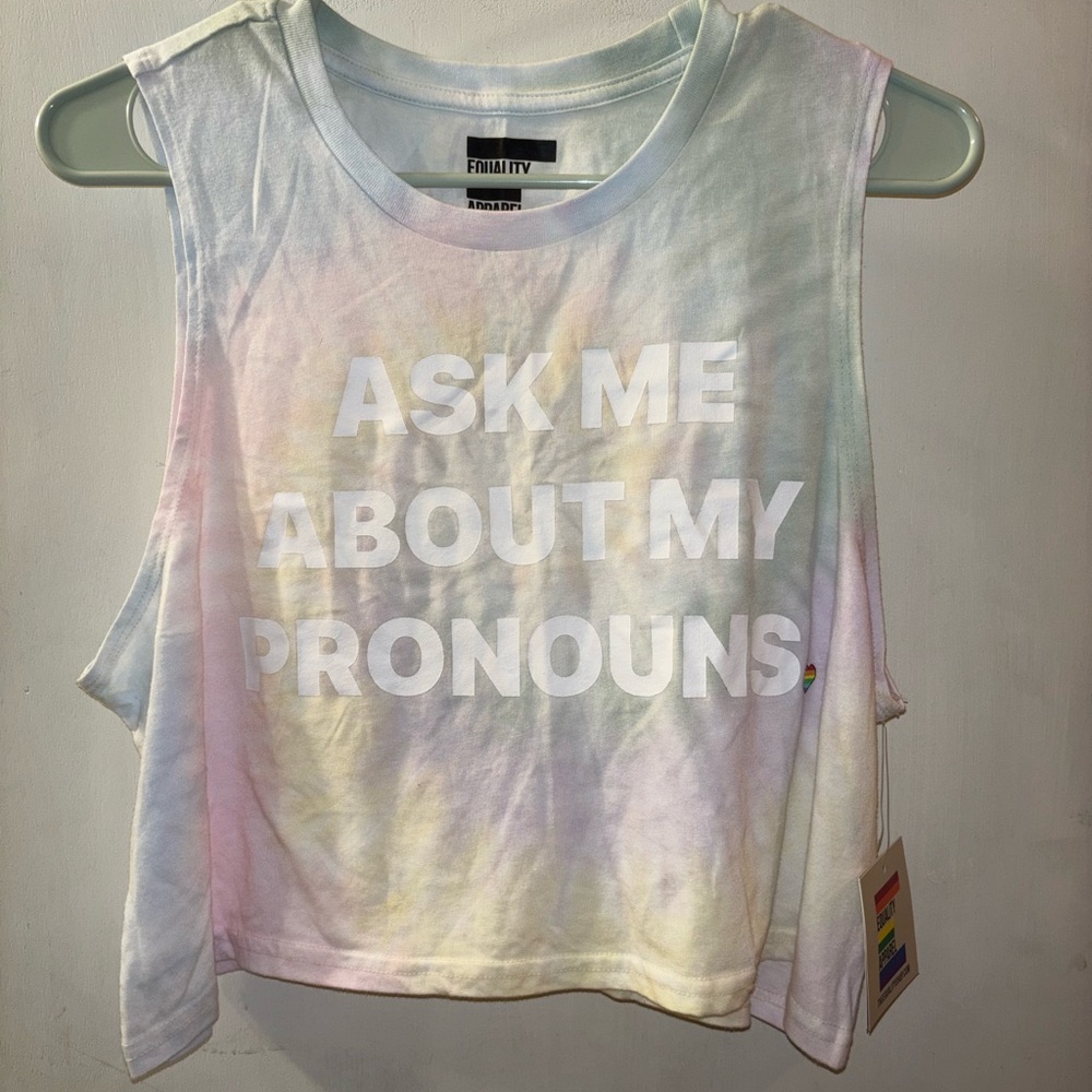Pastel Tie-Dye Tank Top with 'Ask Me About My Pronouns' - White Text